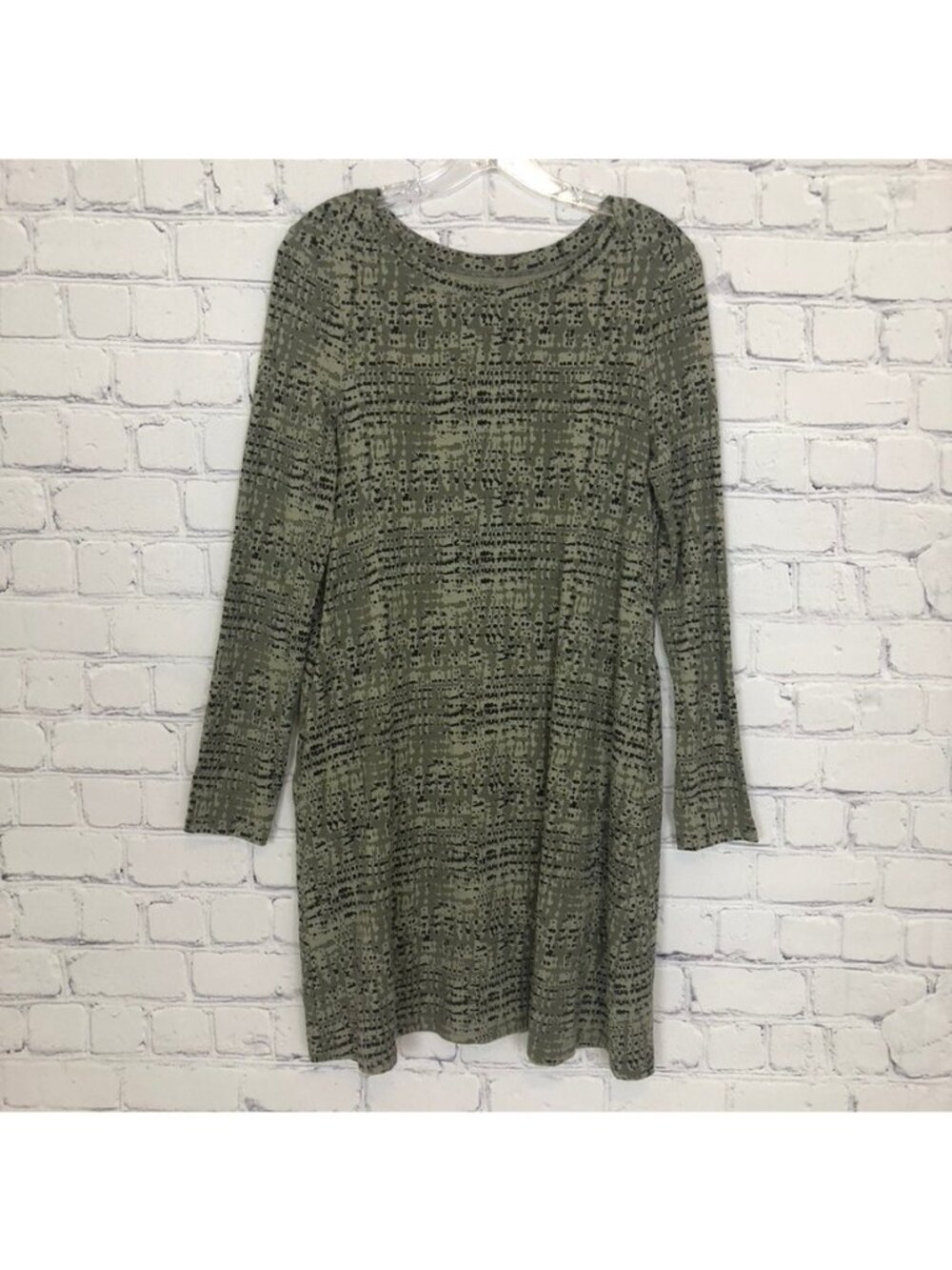 Pact Organic Cotton Swing Dress Size M Green Print Long Sleeve Pockets